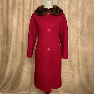 Vintage 60s Shagmoor Red Boucle Wool Mink Fur Collar Penny Lane Retro Classic